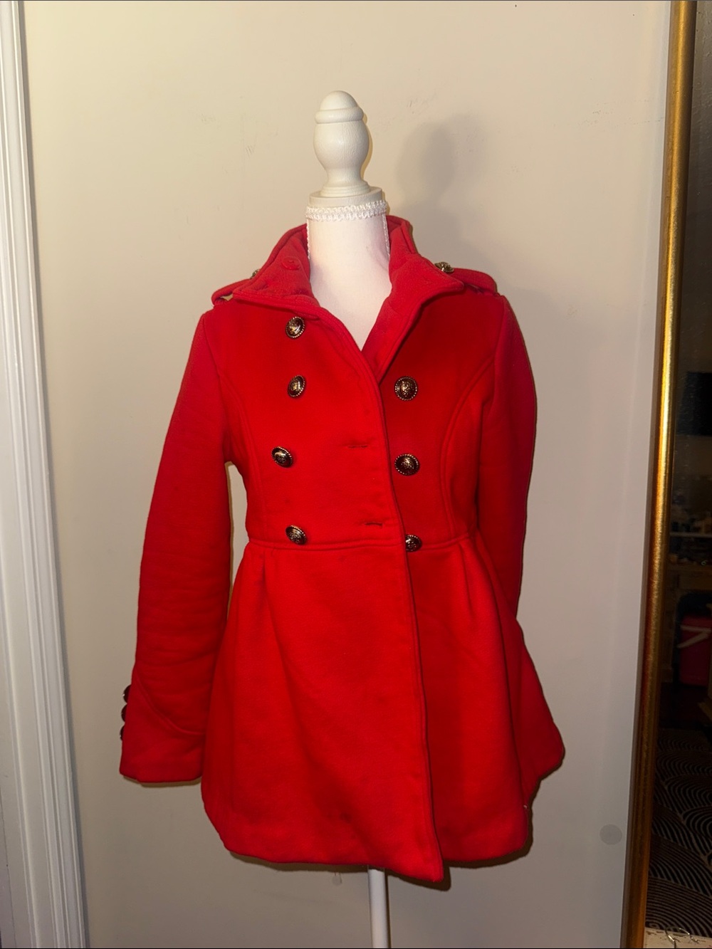 Iris Basic Red Double-Breasted Peacoat with Decorative Buttons